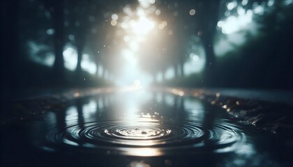 Peaceful rainfall scene with ripple patterns forming in a small puddle reflecting trees and cloudy sky overhead