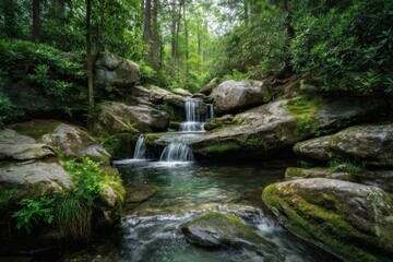 Fototapeta premium Tranquil stream cascades down mossy rocks through a dense green forest, shimmering sunlight reflecting on the water