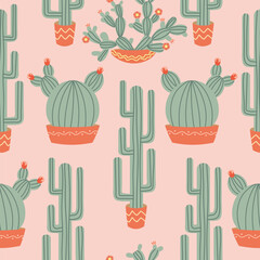 Seamless pattern with cactus in a pot, flowers. Colorful design for fabric, gift paper, posters.