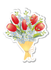 Sticker with bouquet of spring red tulips and forget-me-not flowers  isolated  on white background.