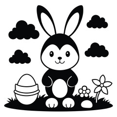 Adorable black and white easter bunny with clouds flowers and an egg in vector illustration