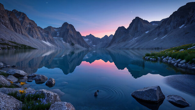 Serene Mountain Lake Sunset Stunning Reflection Wallpaper for Desktop and Mobile