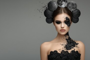 Conceptual woman with moon phases and black cosmic textures