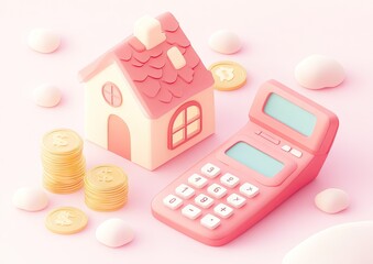 Pastel pink house, coins, and calculator