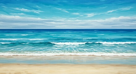 Fototapeta premium Watercolor Beach Scene With Blue Ocean Waves and Sandy Shoreline