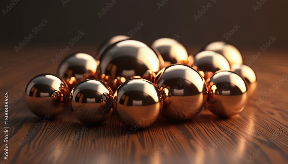 Poster shiny metallic spheres on wooden table. glossy chrome balls reflect lights. abstract 3d render with 