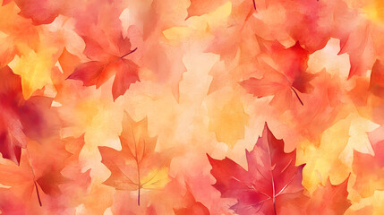 Autumn watercolor background with autumn leaves in soft red hues of orange and yellow. Autumn abstract background.