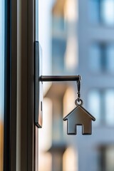 Key with house charm, window, city view