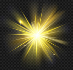 light golden yellow rays burst creating a glowing light star effect, sparkling stars on transparent dark background