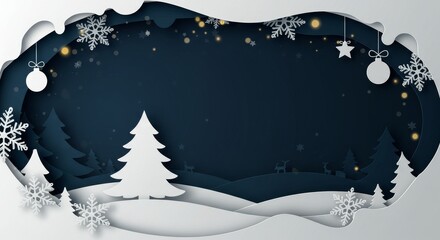 Winter Holiday Paper Cut Background with Snowy Trees and Ornaments
