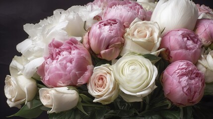 Vintage bouquet of pink peonies and white roses, a timeless floral elegance
