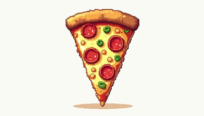 Pixel art illustration pizza slice with pepperoni cheese green peppers. Digital retro style image for restaurant menu design branding ads. Pixelated graphic character food illustration