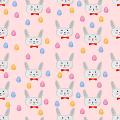 Cute seamless Easter pattern with bunny faces and colorful eggs on pink background. Watercolor style for spring and holiday designs.