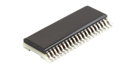 Dark rectangular chip with many pins
