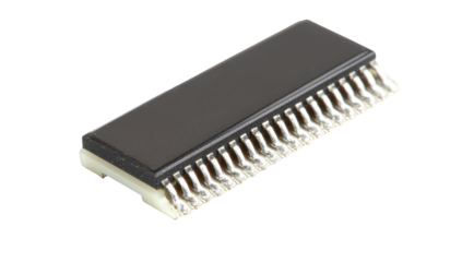 Dark rectangular chip with many pins