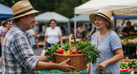 Photo Two People at a Farmers Market Exchange Vegetables and Smiles