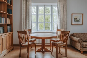 Fototapeta premium Cozy, sunlit room with a round wooden table and chairs. A bookshelf and a couch are also visible