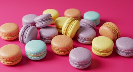 Obraz premium Photorealistic Colorful Macarons Displayed on a Vibrant Pink Background