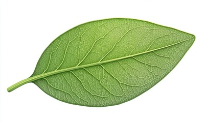 Obraz premium Single green leaf, isolated, vein detail, white background, nature
