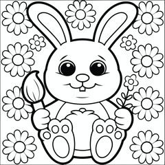 Cute easter bunny with paintbrush and daisies in a coloring book style outline