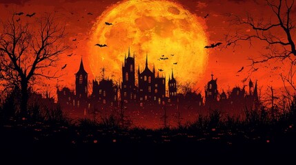 Spooky cityscape silhouette against a giant orange moon with flying bats and ominous trees
