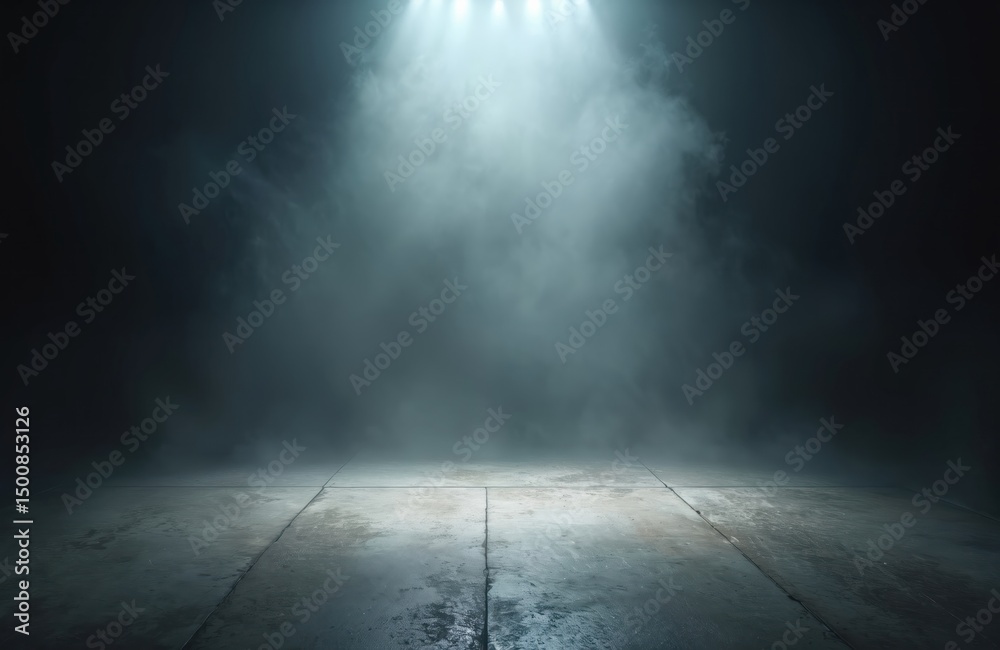 Poster dark, empty space. concrete floor illuminated spotlight creating dramatic light shadows with smoke o