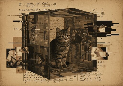 Cat inside a box with glitch effects and mathematical background, concept of Schrodinger's cat   - Powered by Adobe