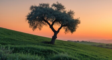 Fototapeta premium Lone Tree Standing Proudly on a Hillside at Sunset, a Captivating Tuscany Landscape.