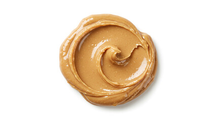 A swirl of creamy peanut butter on a white surface creating a smooth and appetizing texture close up view