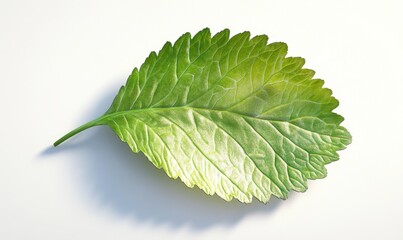 Obraz premium Single green leaf on white background, nature, botany, studio shot, website design