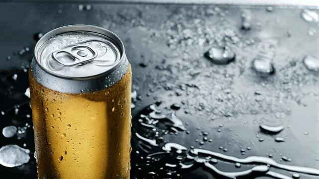 yellow wet can of beer on the table with copy space