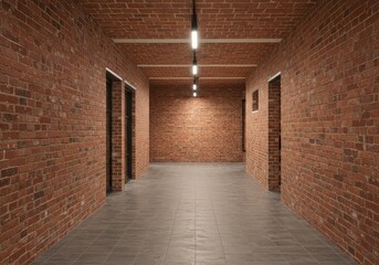 Obraz premium Realistic 3D Render of a Red Brick Corridor Interior with Dim Lighting