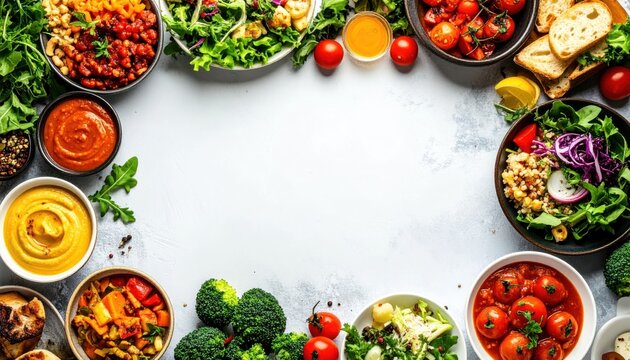 Colorful, appetizing food bowls border a bright, empty space