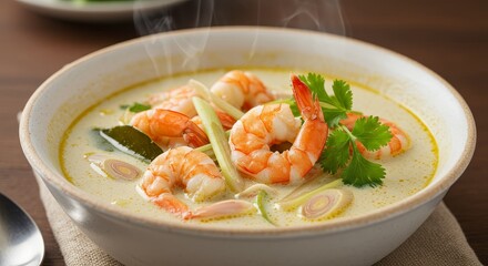 Photo of Creamy Shrimp Soup Dish with Garnishes in a Bowl on a Table