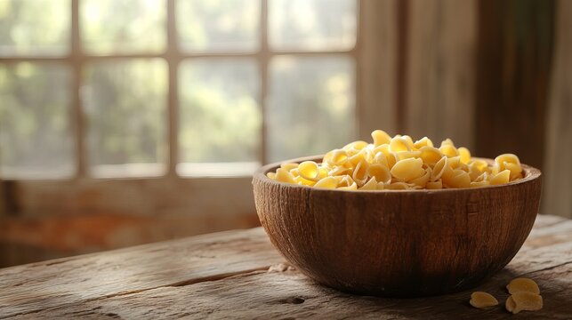 Rustic Wooden Bowl of Dried Pasta Shells Sunny Kitchen Setting Delicious Italian Food Photography Uncooked Macaroni Meal - Powered by Adobe