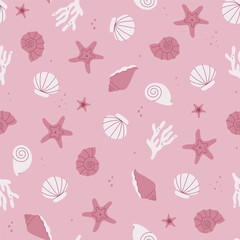 Simple seamless pattern with seashells and starfish in pink tones. Vector graphics.