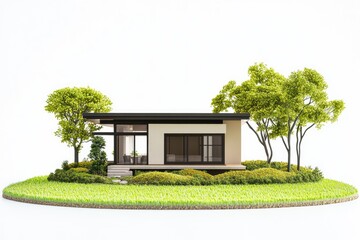 Miniature modern home on grassy island