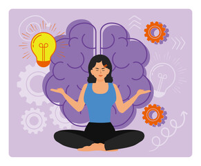 Positive mind concept. Happy girl doing yoga exercises in front of huge brain.