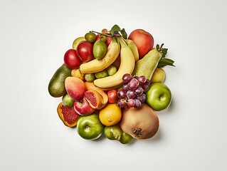 Fruit arranged in a rainbow gradient, photographed from top-down.