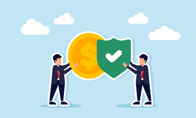 Businessman holding dollar coin and another holding shield with check mark illustration of trusted and verified business investment