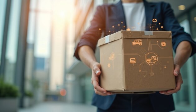 Courier delivers cardboard box with modern cyberspace delivery icons. E-commerce online shopping, fast shipping. Delivery service concept, logistics and distribution. City background.