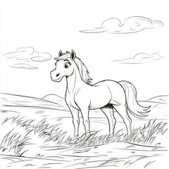 A friendly horse standing in a field , coloring page for kids