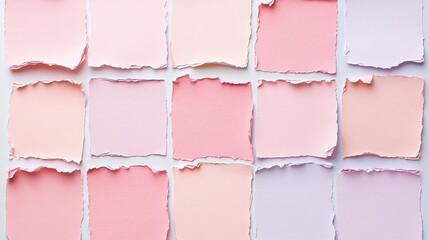 Fototapeta premium Pink Paper Swatches Torn Edges Arranged in Grid Pattern, Minimalist , Pastel