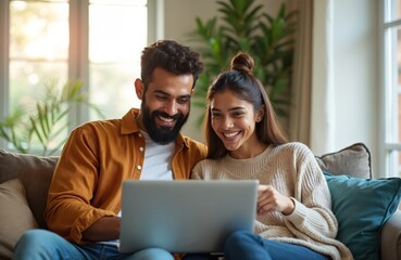 Happy couple using laptop in living room. Man, woman, smiling, discuss online booking tickets. Indian family planning travel, browsing web. Cheerful relationship, concept of vacation, holiday,