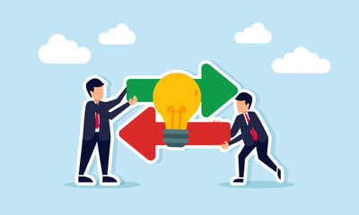 Two Businessmen Holding Opposite Arrows with Light Bulb Illustration of Idea Sharing