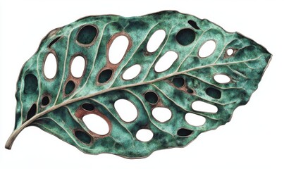 Teal leaf with holes, isolated, nature, botanical, design element