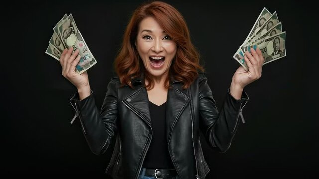 黒い背景。レザージャケットを着た茶髪の中年女性が札束を持って喜んでいる
