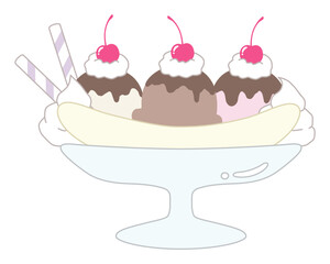 かわいいバナナスプリットのベクターイラスト。アイス、チョコ、デザート