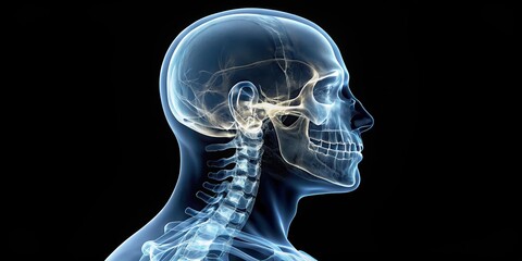 Profile view of a translucent human skull and cervical spine against a black background, revealing intricate anatomical details of the skeletal structure.