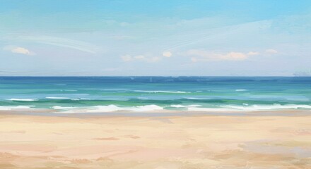 Obraz premium Watercolor Beach Scene Depicting Ocean Sky Sand and Calm Horizon Photo